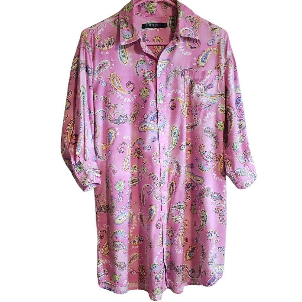 LAUREN Ralph Lauren Pajama Shirt Pink M Paisley Embroidered Pocket Button Down